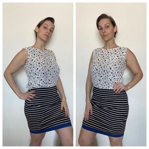 Ann Taylor Skirt Stretch Stripe Black White Blue Office Career
